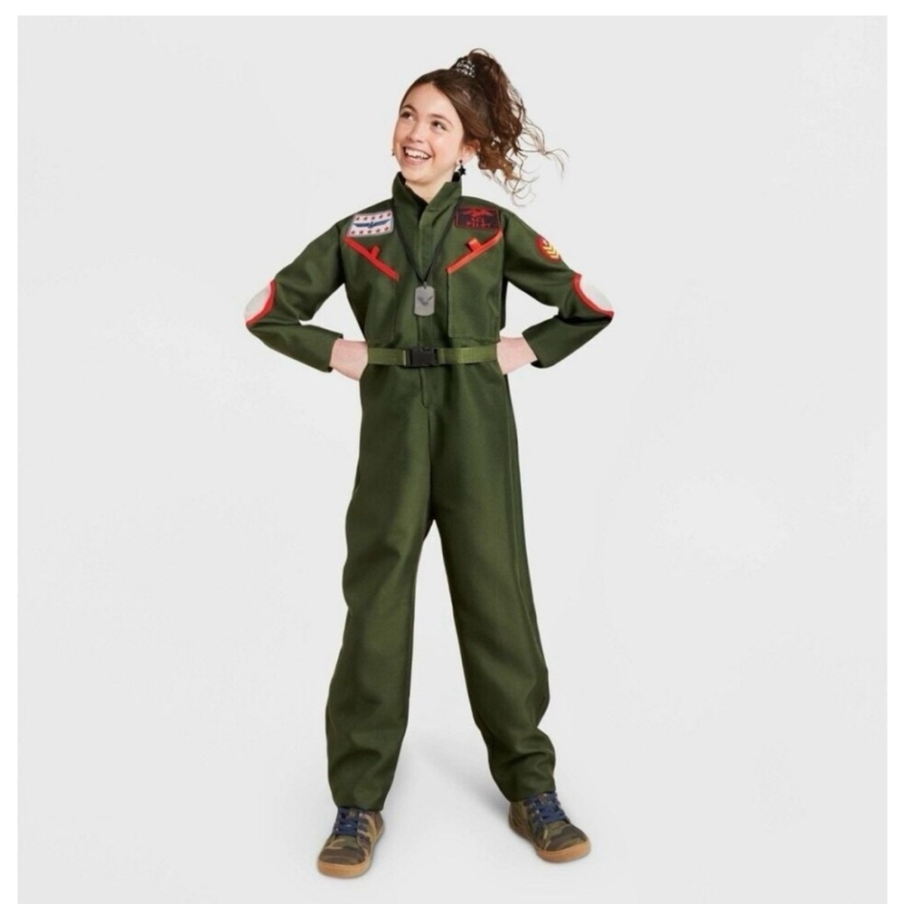 New Hyde & Eek Girls Green Fighter Pilot Jumpsuit Halloween Costume Medium